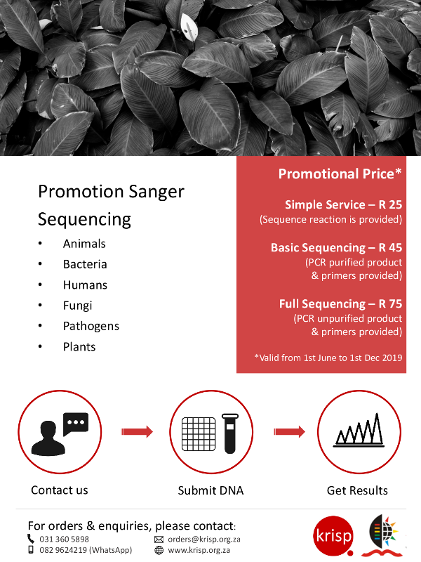KRISP is running a Sanger Sequencing promotions to celebrate the launch of two new Sanger Sequencers (ABI 3730xl and 3500). Unbelievable prices for the first 6 months in 2019