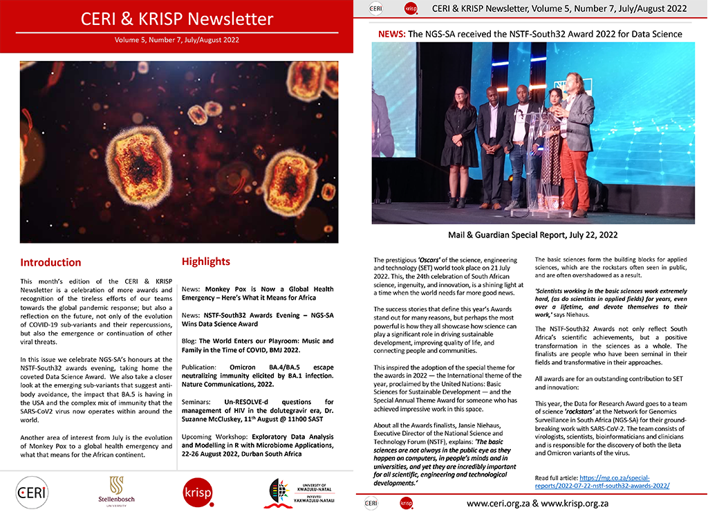 CERI & KRISP Newsletter June/July 2022: Monkeypox, COVID-19 BA.4 and BA.5 lineages, Microbiome and phylogenetic training and much more