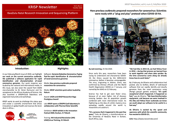 KRISP Newsletter Feb 2020. Publication of a Genome Detective software for rapid identification of coronavirus genomes. Award from UKZN vice-chancellor to Dr. Veron Ramsuran and his acceptance to the African Academy of Science
