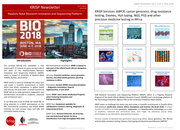 KRISP newsletter May 2018, KRISP on the official South African delegation of the BIO international convention in Boston, Global SPARK meeting, new services and online quote section of website, genome detective, inovation breakfast and talk
