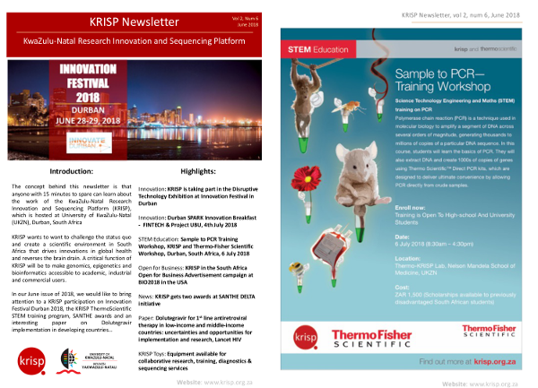 KRISP newsletter June 2018, KRISP participated in the Innovate Durban 2018 Festival, Sample to PCR KRISP and Thermo-Fisher Scientific Workshop, KRISP gets two awards at SANTHE DELTA initiative and Lancet HIV paper on Dolutegravir for first line therapy in developing countrie