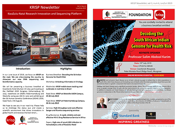 KRISP newsletter June/July 2019on KRISP on the road. We are criss-crossing the country to showcase our new DNA sequencing and bioinformatics capacity