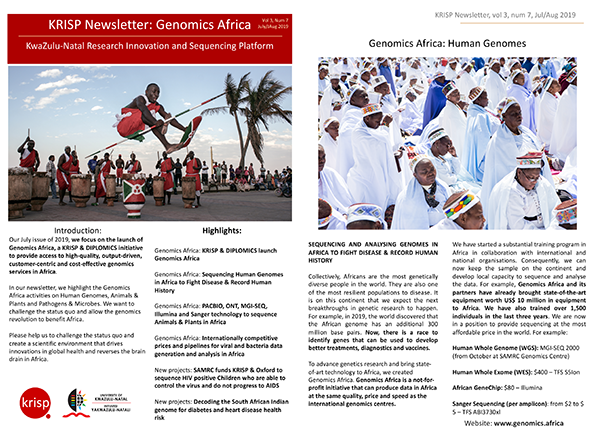 KRISP newsletter July/August 2019 KRISP & DIPLOMICS launch of Genomics Africa to provide access to high-quality, output-driven, customer-centric and cost-effective genomics services in Africa