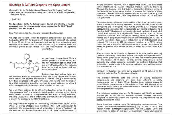 Open letter on urgent need for compassionate use of bedaquiline for XDR-TB and pre-XDR-TB in South Africa