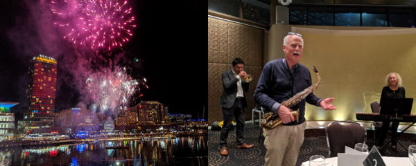 Darling Harbour for the celebratory dinner. Wonderful food, great company, and all in a perfect location. The meal was interrupted by a fantastic firework display over the harbour. Even more impressively, we were serenaded by Michael on his saxophone and his wife on the piano