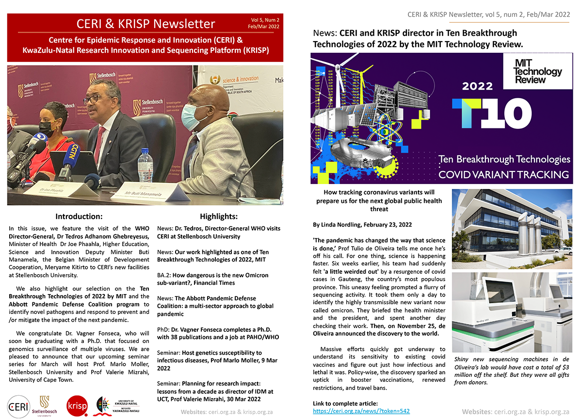 CERI & KRISP Newsletter Feb/Mar 2022: WHO Director-General, Dr Tedros Adhanom Ghebreyesus visit CERI. We are also selected as one of the Ten Breakthrough Technologies of 2022 by MIT and seminar series pick upt