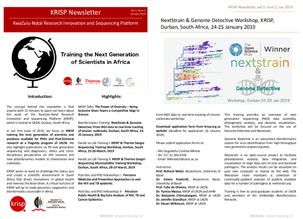 KRISP newsletter January 2019, Training the next generation of scientists, positions available for PhDs and Post-Docs in Durban South Africa