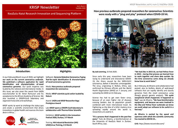 KRISP Newsletter Feb 2020. Publication of a Genome Detective software for rapid identification of coronavirus genomes. Award from UKZN vice-chancellor to Dr. Veron Ramsuran and his acceptance to the African Academy of Science
