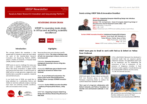 KRISP newsletter April 2018, Partnership FioCruz and Oxford on real-time outbreak analysis, reversing brain drain and achieving scientific excellence, talks and innovation events arising