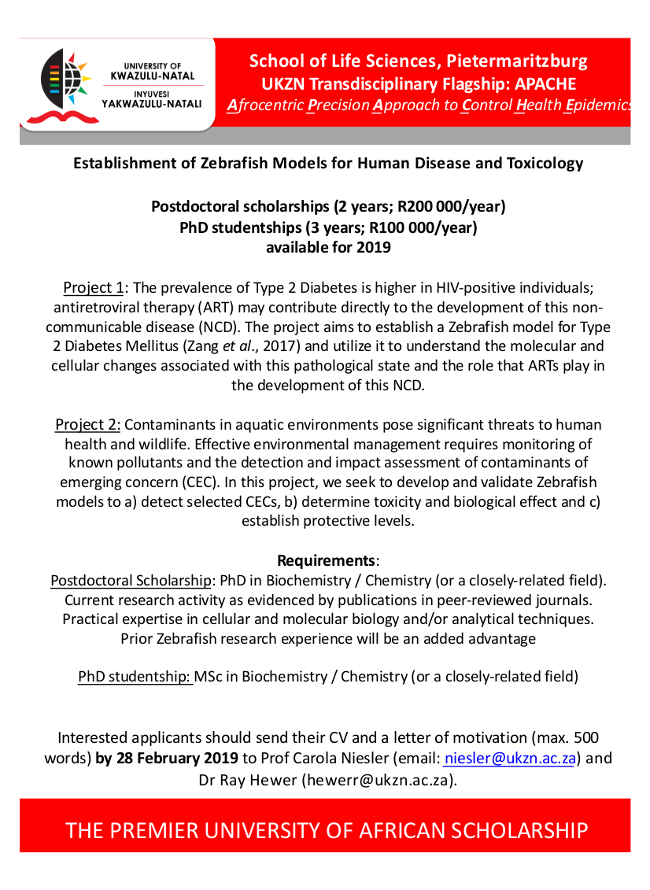 PhD and PostDoc scholarships on ebrafish Models for Human Disease and Toxicology, 2019, Pietermaritzburg, South Africa