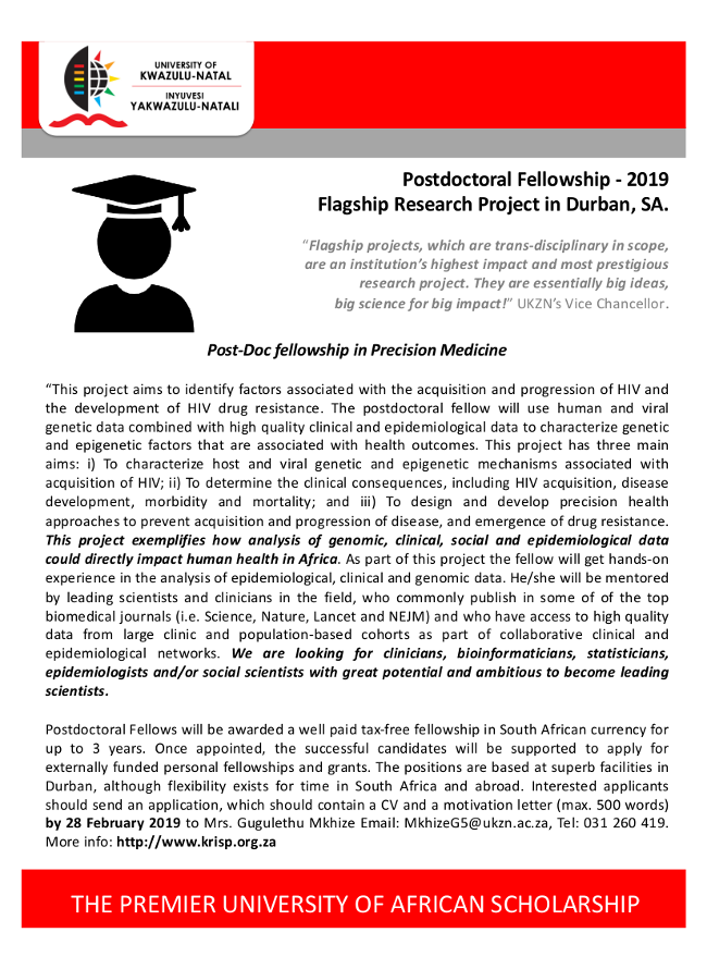 precision medicine postdoctoral fellowship 2019, Durban, South Africa