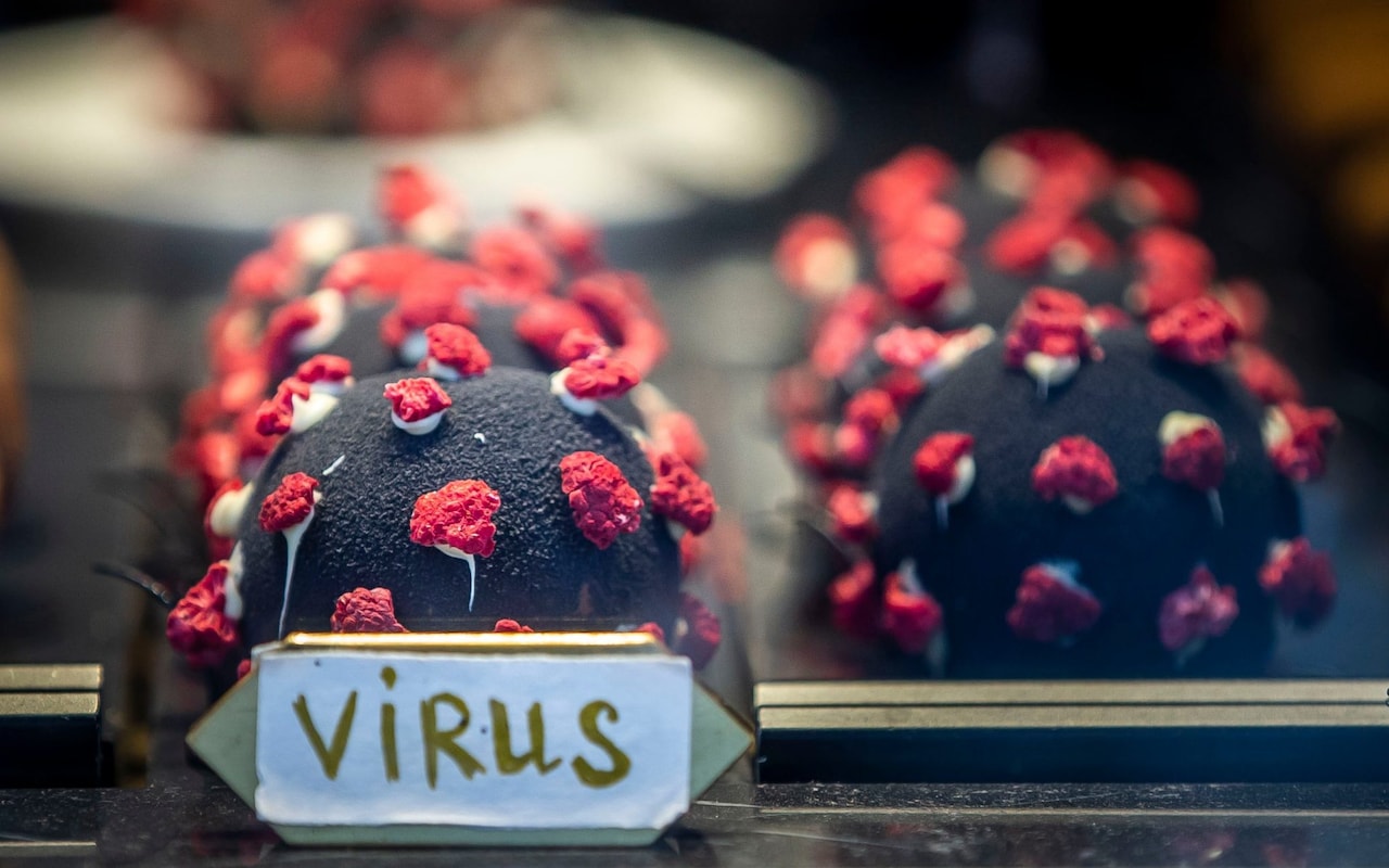 A dessert in the shape of a coronavirus, spike proteins and all, placed in a window of a coffee shop in Prague CREDIT: Gabriel Kuchta/Getty Images